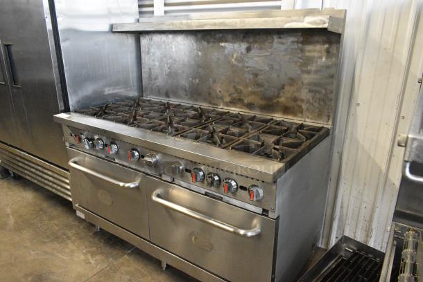 Commercial Performance Group CPG Stainless Steel Commercial Natural Gas Powered 10 Burner Range w/ 2 Ovens, Over Shelf and Back Splash. - Image 4 of 11