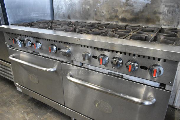 Commercial Performance Group CPG Stainless Steel Commercial Natural Gas Powered 10 Burner Range w/ 2 Ovens, Over Shelf and Back Splash. - Image 6 of 11