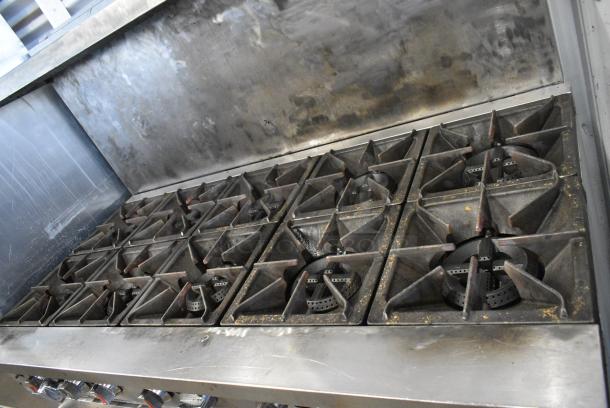 Commercial Performance Group CPG Stainless Steel Commercial Natural Gas Powered 10 Burner Range w/ 2 Ovens, Over Shelf and Back Splash. - Image 7 of 11