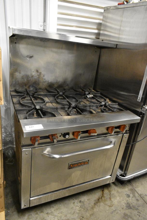 Sierra Stainless Steel Commercial Natural Gas Powered 6 Burner Range w/ Oven, Over Shelf and Back Splash. - Image 1 of 10