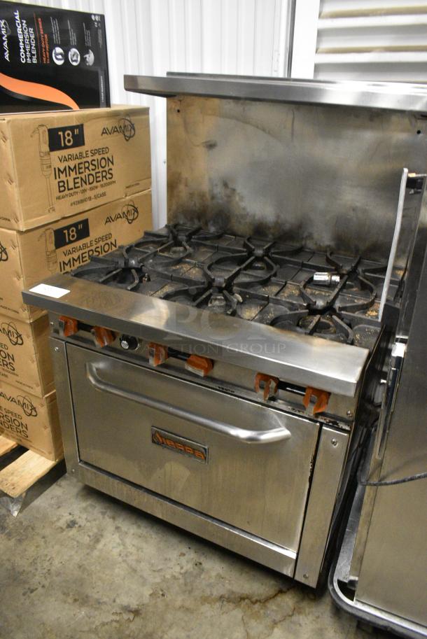 Sierra Stainless Steel Commercial Natural Gas Powered 6 Burner Range w/ Oven, Over Shelf and Back Splash. - Image 2 of 10