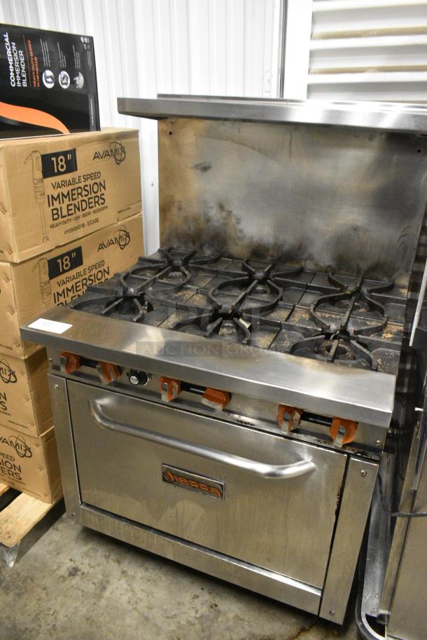 Sierra Stainless Steel Commercial Natural Gas Powered 6 Burner Range w/ Oven, Over Shelf and Back Splash. - Image 4 of 10