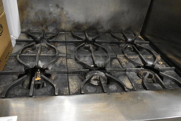 Sierra Stainless Steel Commercial Natural Gas Powered 6 Burner Range w/ Oven, Over Shelf and Back Splash. - Image 6 of 10