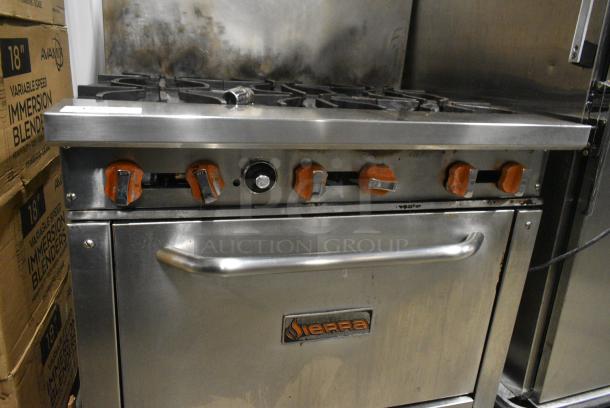 Sierra Stainless Steel Commercial Natural Gas Powered 6 Burner Range w/ Oven, Over Shelf and Back Splash. - Image 8 of 10