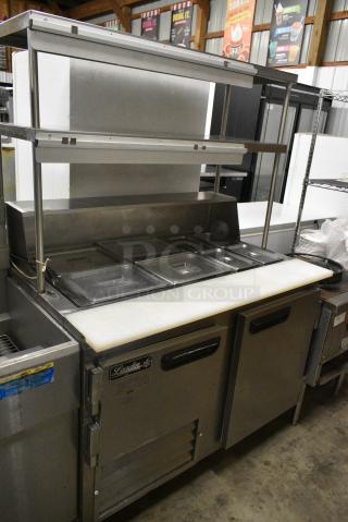 Leader LM48 S/C Stainless Steel Commercial Prep Table w/ 2 Tier Over Shelf on Commercial Casters. 115 Volts, 1 Phase. Tested and Powers On But Does Not Get Cold