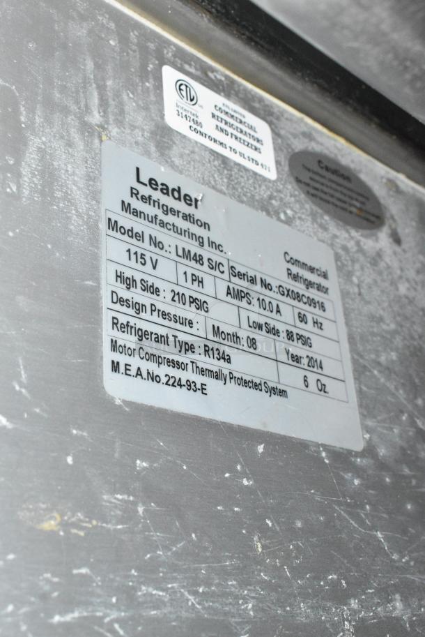 Leader LM48 S/C Stainless Steel Commercial Prep Table w/ 2 Tier Over Shelf on Commercial Casters. 115 Volts, 1 Phase. Tested and Powers On But Does Not Get Cold - Image 9 of 9