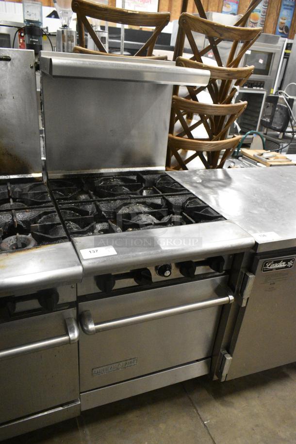 American Range AR-4 Stainless Steel Commercial Natural Gas Powered 4 Burner Range w/ Oven, Over Shelf and Back Splash. - Image 2 of 8