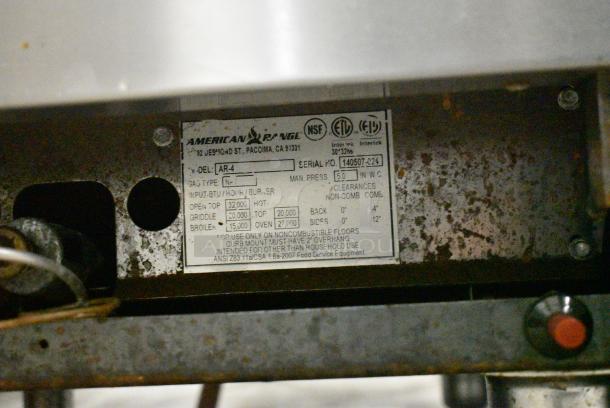 American Range AR-4 Stainless Steel Commercial Natural Gas Powered 4 Burner Range w/ Oven, Over Shelf and Back Splash. - Image 8 of 8