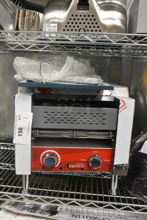 BRAND NEW SCRATCH AND DENT! Avantco 184T140 Stainless Steel Commercial Countertop 10" Wide Conveyor Toaster with 3" Opening 300 Slices per Hour. 120 Volts, 1 Phase. Tested and Working! - Image 1 of 8