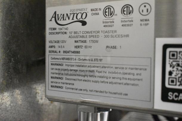 BRAND NEW SCRATCH AND DENT! Avantco 184T140 Stainless Steel Commercial Countertop 10" Wide Conveyor Toaster with 3" Opening 300 Slices per Hour. 120 Volts, 1 Phase. Tested and Working! - Image 8 of 8