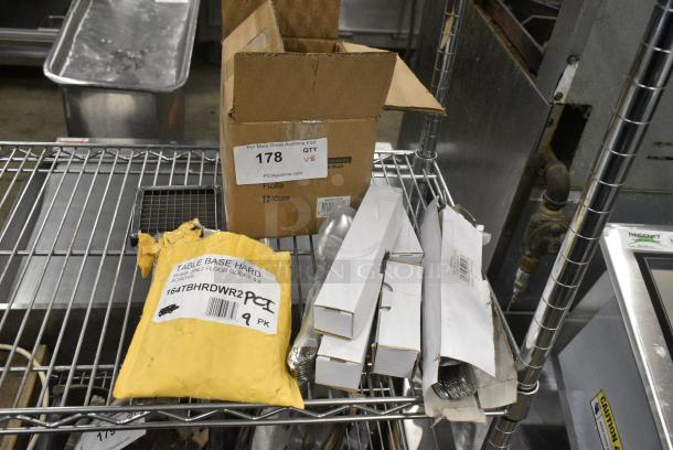 8 BRAND NEW SCRATCH AND DENT! Items Including 164TBHRDWR2 Lancaster Table & Seating 10 Piece Floor Glide and Screw Table Base Hardware Kit, 267030004 Choice Bethany 7 1/8" 18/0 Stainless Steel Iced Tea Spoon - 12/Case, 267030000 Choice Bethany 4 1/4" 18/0 Stainless Steel Demitasse Spoon - 12/Case, 267030010 Choice Bethany 8 3/8" 18/0 Stainless Steel Tablespoon / Serving Spoon - 12/Case, 303FUSPL6 Acopa Heika 6" Black Matte Textured Coupe Stoneware Plate - 12/Case. 8 Times Your Bid! - Image 1 of 11