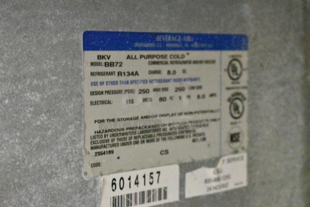 Beverage Air BB72 Stainless Steel Commercial 3 Door Undercounter Cooler. 115 Volts, 1 Phase. Tested and Working! - Image 5 of 6