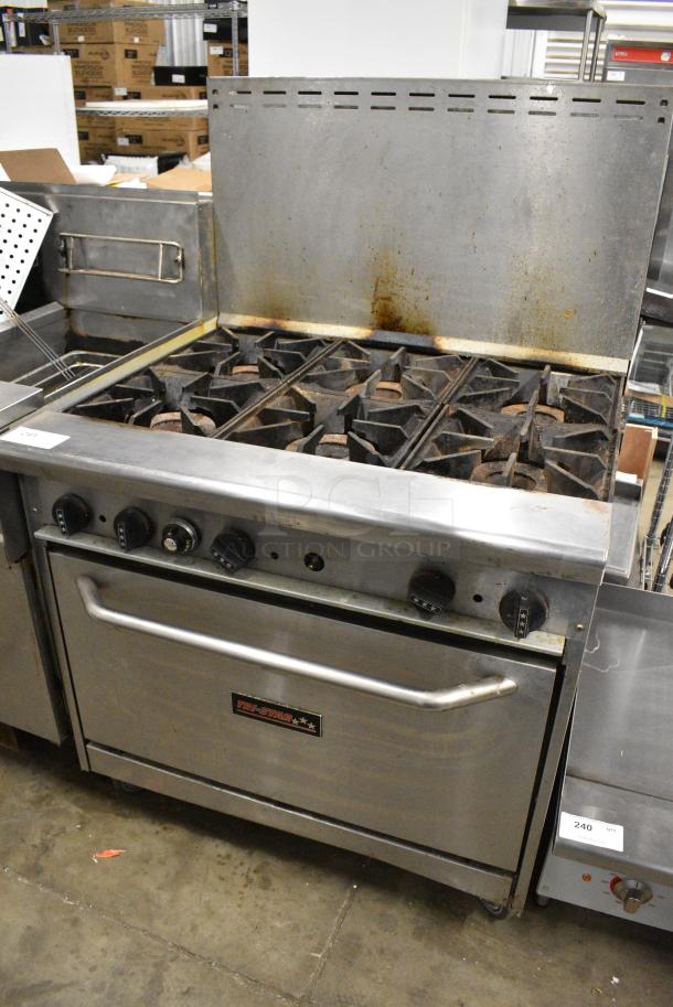 Tri-Star TSR-6 Stainless Steel Commercial Natural Gas Powered 6 Burner Range w/ Oven and Back Splash on Commercial Casters. - Image 2 of 8