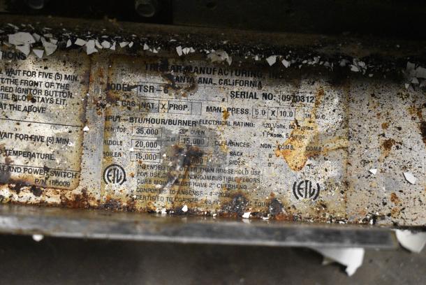 Tri-Star TSR-6 Stainless Steel Commercial Natural Gas Powered 6 Burner Range w/ Oven and Back Splash on Commercial Casters. - Image 8 of 8