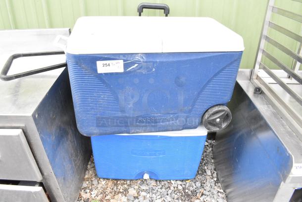 2 Rubbermaid Blue and White Poly Portable Cooler. Includes 29x17x19. 2 Times Your Bid! - Image 1 of 3