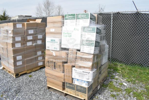 40 BRAND NEW SCRATCH AND DENT! Boxes Including 2 394360M Noble Products Clear Powdered Disposable Vinyl Gloves for Foodservice - Medium - 1,000/Case, 2 394365L Noble Products Powder-Free Disposable Clear Vinyl Gloves for Foodservice - Large - 1,000/Case, 127PL400 Choice PET Plastic Lid for 3.25 to 5.5 oz. Souffle Cup / Portion Cup - 2,500/Case, 5002BNAPWH Choice 2-Ply White Beverage / Cocktail Napkin - 3,000/Case, 500L1020B Choice Black Hot Paper Cup Travel Lid for 10-24 oz. Standard Cups and 8 oz. Squat Cups - 1,000/Case, 346WKFSNM Choice Medium Weight White Wrapped Polypropylene Plastic Cutlery Set with Napkin - 250/Case, 2 394EN303L Noble Products Nitrile White 3 Mil Thick All Purpose Powder-Free Textured Gloves - Large - 1,000/Case, 2 394345S Noble NexGen Powder-Free Disposable Black Hybrid 3 Mil Thick Gloves - Small - 1,000/Case. 40 Times Your Bid! - Image 2 of 9