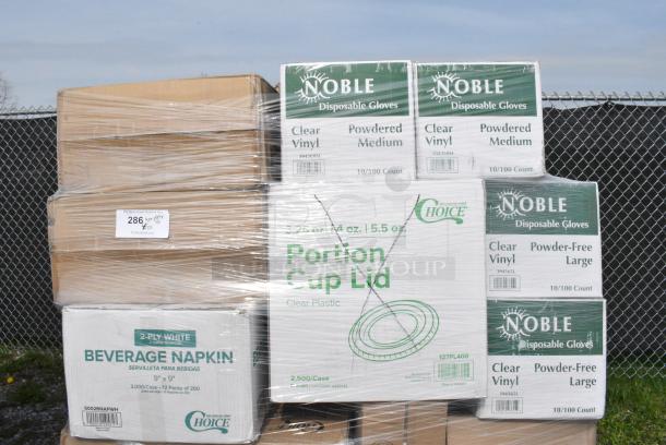40 BRAND NEW SCRATCH AND DENT! Boxes Including 2 394360M Noble Products Clear Powdered Disposable Vinyl Gloves for Foodservice - Medium - 1,000/Case, 2 394365L Noble Products Powder-Free Disposable Clear Vinyl Gloves for Foodservice - Large - 1,000/Case, 127PL400 Choice PET Plastic Lid for 3.25 to 5.5 oz. Souffle Cup / Portion Cup - 2,500/Case, 5002BNAPWH Choice 2-Ply White Beverage / Cocktail Napkin - 3,000/Case, 500L1020B Choice Black Hot Paper Cup Travel Lid for 10-24 oz. Standard Cups and 8 oz. Squat Cups - 1,000/Case, 346WKFSNM Choice Medium Weight White Wrapped Polypropylene Plastic Cutlery Set with Napkin - 250/Case, 2 394EN303L Noble Products Nitrile White 3 Mil Thick All Purpose Powder-Free Textured Gloves - Large - 1,000/Case, 2 394345S Noble NexGen Powder-Free Disposable Black Hybrid 3 Mil Thick Gloves - Small - 1,000/Case. 40 Times Your Bid! - Image 3 of 9