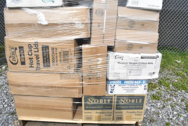 40 BRAND NEW SCRATCH AND DENT! Boxes Including 2 394360M Noble Products Clear Powdered Disposable Vinyl Gloves for Foodservice - Medium - 1,000/Case, 2 394365L Noble Products Powder-Free Disposable Clear Vinyl Gloves for Foodservice - Large - 1,000/Case, 127PL400 Choice PET Plastic Lid for 3.25 to 5.5 oz. Souffle Cup / Portion Cup - 2,500/Case, 5002BNAPWH Choice 2-Ply White Beverage / Cocktail Napkin - 3,000/Case, 500L1020B Choice Black Hot Paper Cup Travel Lid for 10-24 oz. Standard Cups and 8 oz. Squat Cups - 1,000/Case, 346WKFSNM Choice Medium Weight White Wrapped Polypropylene Plastic Cutlery Set with Napkin - 250/Case, 2 394EN303L Noble Products Nitrile White 3 Mil Thick All Purpose Powder-Free Textured Gloves - Large - 1,000/Case, 2 394345S Noble NexGen Powder-Free Disposable Black Hybrid 3 Mil Thick Gloves - Small - 1,000/Case. 40 Times Your Bid! - Image 4 of 9