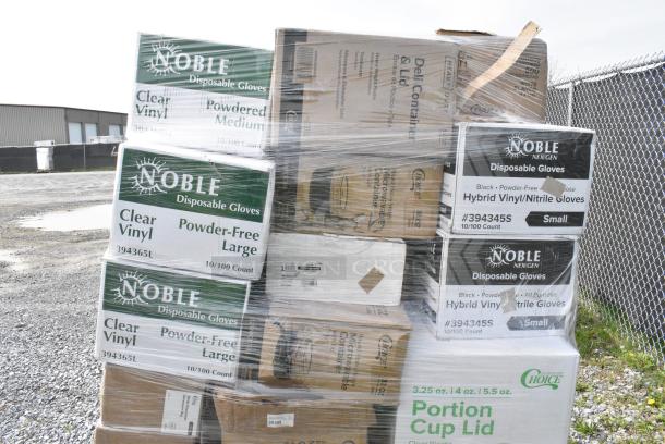 40 BRAND NEW SCRATCH AND DENT! Boxes Including 2 394360M Noble Products Clear Powdered Disposable Vinyl Gloves for Foodservice - Medium - 1,000/Case, 2 394365L Noble Products Powder-Free Disposable Clear Vinyl Gloves for Foodservice - Large - 1,000/Case, 127PL400 Choice PET Plastic Lid for 3.25 to 5.5 oz. Souffle Cup / Portion Cup - 2,500/Case, 5002BNAPWH Choice 2-Ply White Beverage / Cocktail Napkin - 3,000/Case, 500L1020B Choice Black Hot Paper Cup Travel Lid for 10-24 oz. Standard Cups and 8 oz. Squat Cups - 1,000/Case, 346WKFSNM Choice Medium Weight White Wrapped Polypropylene Plastic Cutlery Set with Napkin - 250/Case, 2 394EN303L Noble Products Nitrile White 3 Mil Thick All Purpose Powder-Free Textured Gloves - Large - 1,000/Case, 2 394345S Noble NexGen Powder-Free Disposable Black Hybrid 3 Mil Thick Gloves - Small - 1,000/Case. 40 Times Your Bid! - Image 5 of 9