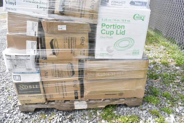 40 BRAND NEW SCRATCH AND DENT! Boxes Including 2 394360M Noble Products Clear Powdered Disposable Vinyl Gloves for Foodservice - Medium - 1,000/Case, 2 394365L Noble Products Powder-Free Disposable Clear Vinyl Gloves for Foodservice - Large - 1,000/Case, 127PL400 Choice PET Plastic Lid for 3.25 to 5.5 oz. Souffle Cup / Portion Cup - 2,500/Case, 5002BNAPWH Choice 2-Ply White Beverage / Cocktail Napkin - 3,000/Case, 500L1020B Choice Black Hot Paper Cup Travel Lid for 10-24 oz. Standard Cups and 8 oz. Squat Cups - 1,000/Case, 346WKFSNM Choice Medium Weight White Wrapped Polypropylene Plastic Cutlery Set with Napkin - 250/Case, 2 394EN303L Noble Products Nitrile White 3 Mil Thick All Purpose Powder-Free Textured Gloves - Large - 1,000/Case, 2 394345S Noble NexGen Powder-Free Disposable Black Hybrid 3 Mil Thick Gloves - Small - 1,000/Case. 40 Times Your Bid! - Image 6 of 9
