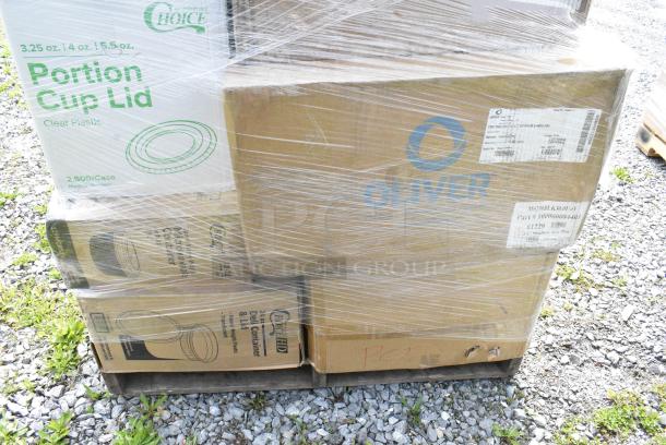40 BRAND NEW SCRATCH AND DENT! Boxes Including 2 394360M Noble Products Clear Powdered Disposable Vinyl Gloves for Foodservice - Medium - 1,000/Case, 2 394365L Noble Products Powder-Free Disposable Clear Vinyl Gloves for Foodservice - Large - 1,000/Case, 127PL400 Choice PET Plastic Lid for 3.25 to 5.5 oz. Souffle Cup / Portion Cup - 2,500/Case, 5002BNAPWH Choice 2-Ply White Beverage / Cocktail Napkin - 3,000/Case, 500L1020B Choice Black Hot Paper Cup Travel Lid for 10-24 oz. Standard Cups and 8 oz. Squat Cups - 1,000/Case, 346WKFSNM Choice Medium Weight White Wrapped Polypropylene Plastic Cutlery Set with Napkin - 250/Case, 2 394EN303L Noble Products Nitrile White 3 Mil Thick All Purpose Powder-Free Textured Gloves - Large - 1,000/Case, 2 394345S Noble NexGen Powder-Free Disposable Black Hybrid 3 Mil Thick Gloves - Small - 1,000/Case. 40 Times Your Bid! - Image 7 of 9