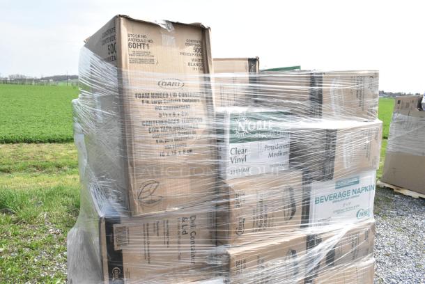 40 BRAND NEW SCRATCH AND DENT! Boxes Including 2 394360M Noble Products Clear Powdered Disposable Vinyl Gloves for Foodservice - Medium - 1,000/Case, 2 394365L Noble Products Powder-Free Disposable Clear Vinyl Gloves for Foodservice - Large - 1,000/Case, 127PL400 Choice PET Plastic Lid for 3.25 to 5.5 oz. Souffle Cup / Portion Cup - 2,500/Case, 5002BNAPWH Choice 2-Ply White Beverage / Cocktail Napkin - 3,000/Case, 500L1020B Choice Black Hot Paper Cup Travel Lid for 10-24 oz. Standard Cups and 8 oz. Squat Cups - 1,000/Case, 346WKFSNM Choice Medium Weight White Wrapped Polypropylene Plastic Cutlery Set with Napkin - 250/Case, 2 394EN303L Noble Products Nitrile White 3 Mil Thick All Purpose Powder-Free Textured Gloves - Large - 1,000/Case, 2 394345S Noble NexGen Powder-Free Disposable Black Hybrid 3 Mil Thick Gloves - Small - 1,000/Case. 40 Times Your Bid! - Image 8 of 9