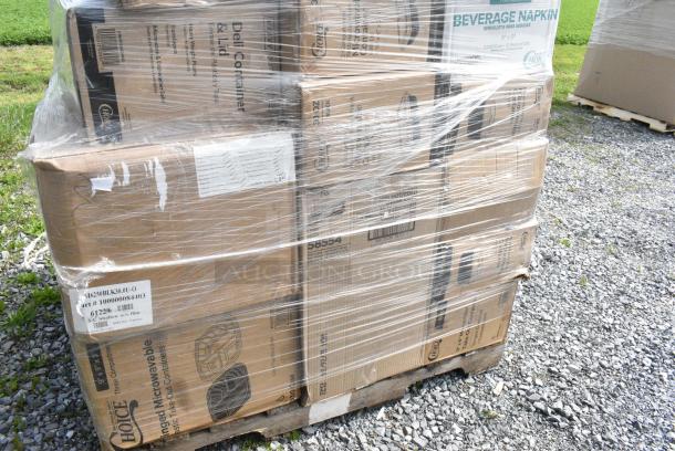 40 BRAND NEW SCRATCH AND DENT! Boxes Including 2 394360M Noble Products Clear Powdered Disposable Vinyl Gloves for Foodservice - Medium - 1,000/Case, 2 394365L Noble Products Powder-Free Disposable Clear Vinyl Gloves for Foodservice - Large - 1,000/Case, 127PL400 Choice PET Plastic Lid for 3.25 to 5.5 oz. Souffle Cup / Portion Cup - 2,500/Case, 5002BNAPWH Choice 2-Ply White Beverage / Cocktail Napkin - 3,000/Case, 500L1020B Choice Black Hot Paper Cup Travel Lid for 10-24 oz. Standard Cups and 8 oz. Squat Cups - 1,000/Case, 346WKFSNM Choice Medium Weight White Wrapped Polypropylene Plastic Cutlery Set with Napkin - 250/Case, 2 394EN303L Noble Products Nitrile White 3 Mil Thick All Purpose Powder-Free Textured Gloves - Large - 1,000/Case, 2 394345S Noble NexGen Powder-Free Disposable Black Hybrid 3 Mil Thick Gloves - Small - 1,000/Case. 40 Times Your Bid! - Image 9 of 9