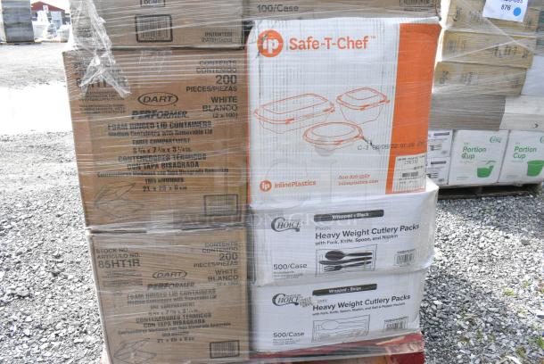 28 BRAND NEW SCRATCH AND DENT! Boxes Including 2 Dart 85HT3R 8" x 8" x 3" White Foam Three-Compartment Square Take Out Container with Perforated Hinged Lid - 200/Case, 2 Dart 16RCLBLK Optima Black Travel Lid with Reclosable Tab - 1,000/Case, 500TO993C3 Choice 9" x 9" x 3" Microwaveable 3-Compartment Black / Clear Plastic Hinged Container - 100/Case, 130BKFKSNH Choice Black Heavy Weight Wrapped Polystyrene Plastic Cutlery Pack with Napkin - 500/Case, 130BGFKSNSPH Choice Beige Heavy Weight Wrapped Polystyrene Plastic Cutlery Pack with Napkin and Salt and Pepper Packets - 500/Case. 28 Times Your Bid! - Image 5 of 7