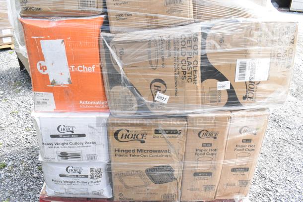 28 BRAND NEW SCRATCH AND DENT! Boxes Including 2 Dart 85HT3R 8" x 8" x 3" White Foam Three-Compartment Square Take Out Container with Perforated Hinged Lid - 200/Case, 2 Dart 16RCLBLK Optima Black Travel Lid with Reclosable Tab - 1,000/Case, 500TO993C3 Choice 9" x 9" x 3" Microwaveable 3-Compartment Black / Clear Plastic Hinged Container - 100/Case, 130BKFKSNH Choice Black Heavy Weight Wrapped Polystyrene Plastic Cutlery Pack with Napkin - 500/Case, 130BGFKSNSPH Choice Beige Heavy Weight Wrapped Polystyrene Plastic Cutlery Pack with Napkin and Salt and Pepper Packets - 500/Case. 28 Times Your Bid! - Image 6 of 7