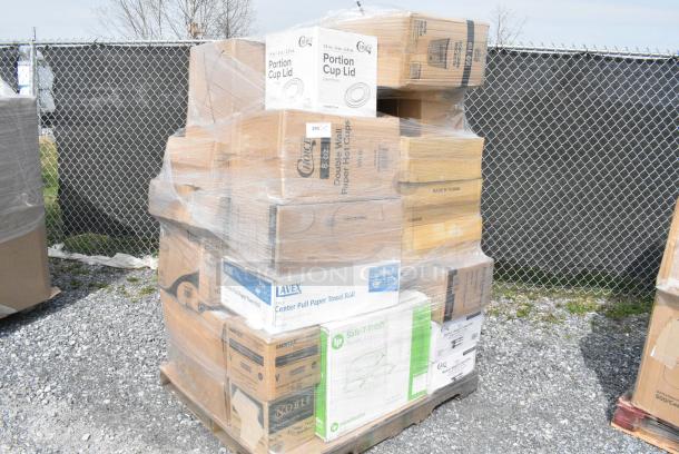30 BRAND NEW SCRATCH AND DENT! Boxes Including 760VP64 Carnival King 64 oz. Popcorn Bucket - 360/Case, Choice Portion Cup Lids, Lavex Paper Towels, 500CC16HW Choice Heavy Duty 16 oz. Plastic Cold Cup. 30 Times Your Bid! - Image 1 of 7