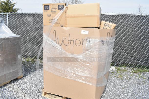20 BRAND NEW SCRATCH AND DENT! Boxes Including Solo Ultra Clear&#8482; TP16D 16 oz. Customizable Clear PET Plastic Squat Cold Cup - 1000/Case  760TP16D, 795PTOKFT8 Choice Kraft Microwavable Folded Paper #8 Take-Out Container 6" x 4 3/4" x 2 1/2" - 300/Case, 433HSLCPIE Choice 5" Clear Hinged Slice Container with High Dome Lid - 300/Case. 20 Times Your Bid! - Image 1 of 6
