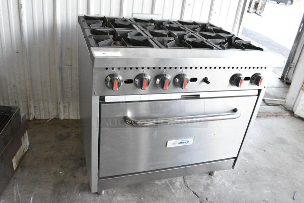 LIKE NEW! 2024 KoolMore KM-CR36-NG Stainless Steel Commercial Natural Gas Powered 6 Burner Range w/ Oven. 210,000 BTU. - Image 4 of 8