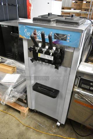 D425 Stainless Steel Commercial Floor Style Air Cooled 2 Flavor w/ Twist Soft Serve Ice Cream Machine on Commercial Casters. 115 Volts, 1 Phase. - Item #1178827