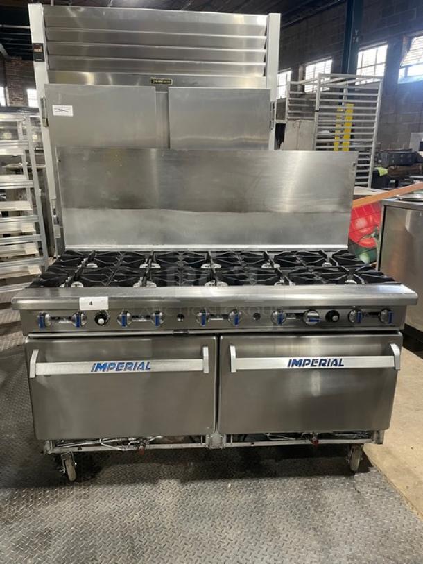 Imperial Commercial Stainless Steel Natural Gas Powered 10 Burner Range/Oven Combo! With Back Splash! With Wired Oven Racks! On Casters! - Image 1 of 10