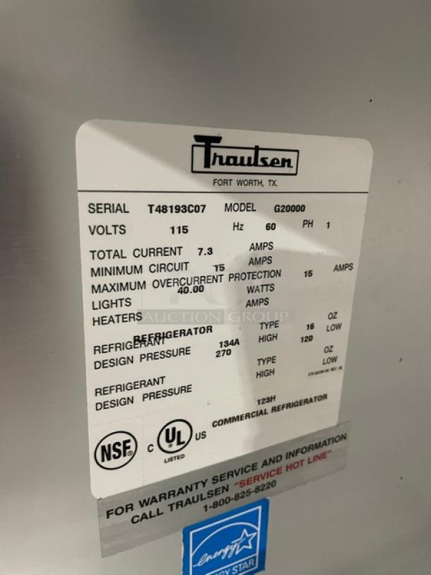 Traulsen Commercial Stainless Steel 2 Section Half Door Reach In Refrigerator! Energy Star Certified! With Poly Coated Wire Racks! Model: G20000 SN: T48193C07! 115V 1 Phase! On Casters! - Image 7 of 8
