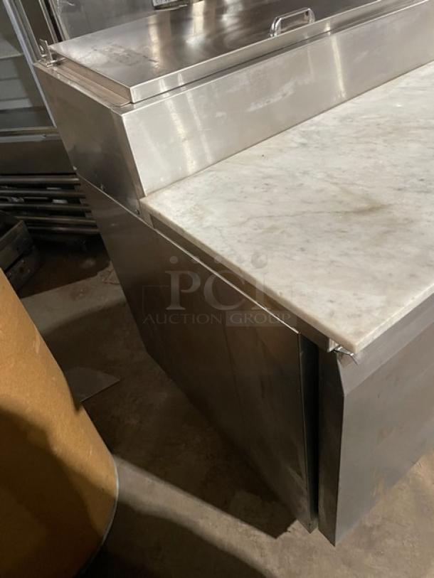 Continental Commercial Stainless Steel 2 Door Refrigerated Bain Marie Mega Top Pizza Prep Table! With Full-Size Removable Marble Style Cutting Board! With Poly Coated Wire Rack! Model: CPT67 SN: 145B2018! 115V 1 Phase! On Casters! Working When Removed! - Image 2 of 9
