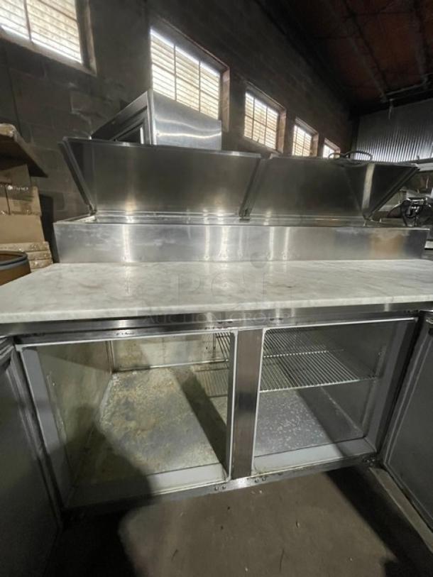 Continental Commercial Stainless Steel 2 Door Refrigerated Bain Marie Mega Top Pizza Prep Table! With Full-Size Removable Marble Style Cutting Board! With Poly Coated Wire Rack! Model: CPT67 SN: 145B2018! 115V 1 Phase! On Casters! Working When Removed! - Image 5 of 9