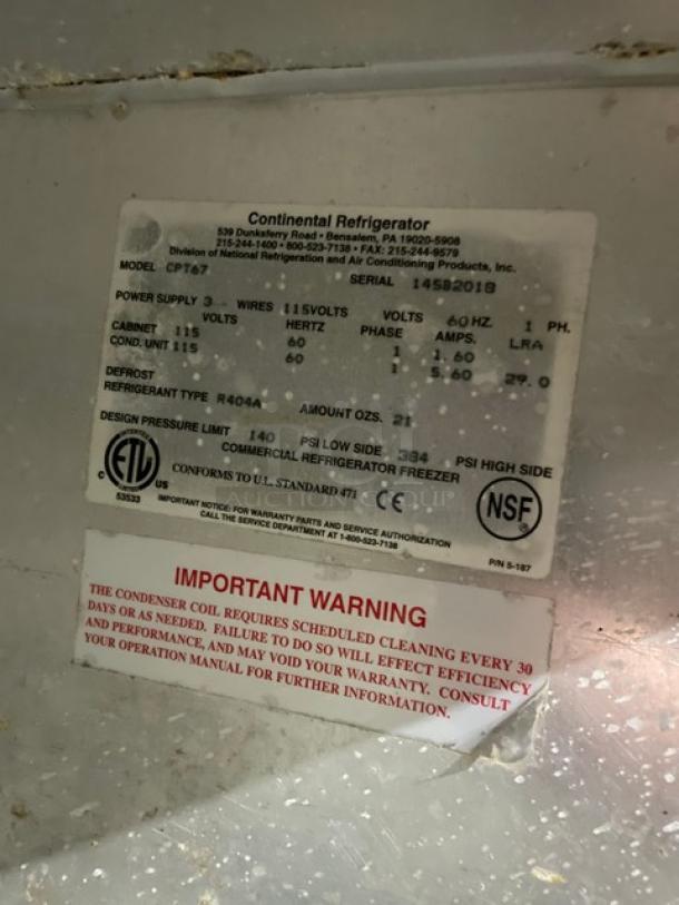 Continental Commercial Stainless Steel 2 Door Refrigerated Bain Marie Mega Top Pizza Prep Table! With Full-Size Removable Marble Style Cutting Board! With Poly Coated Wire Rack! Model: CPT67 SN: 145B2018! 115V 1 Phase! On Casters! Working When Removed! - Image 7 of 9