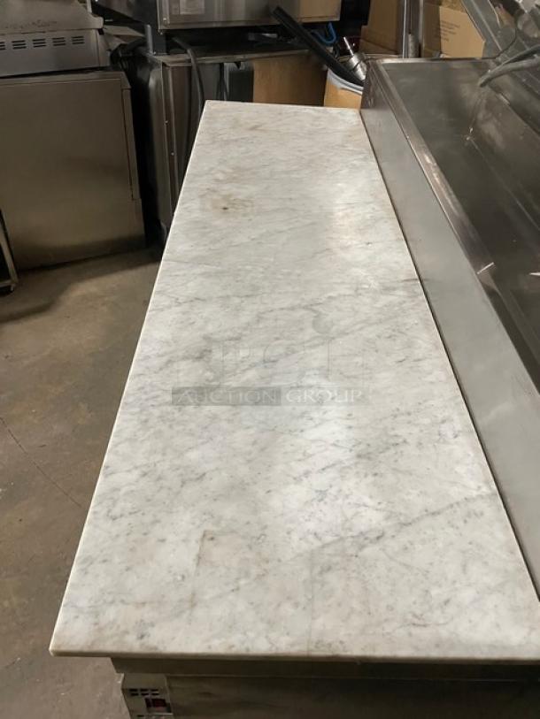 Continental Commercial Stainless Steel 2 Door Refrigerated Bain Marie Mega Top Pizza Prep Table! With Full-Size Removable Marble Style Cutting Board! With Poly Coated Wire Rack! Model: CPT67 SN: 145B2018! 115V 1 Phase! On Casters! Working When Removed! - Image 9 of 9