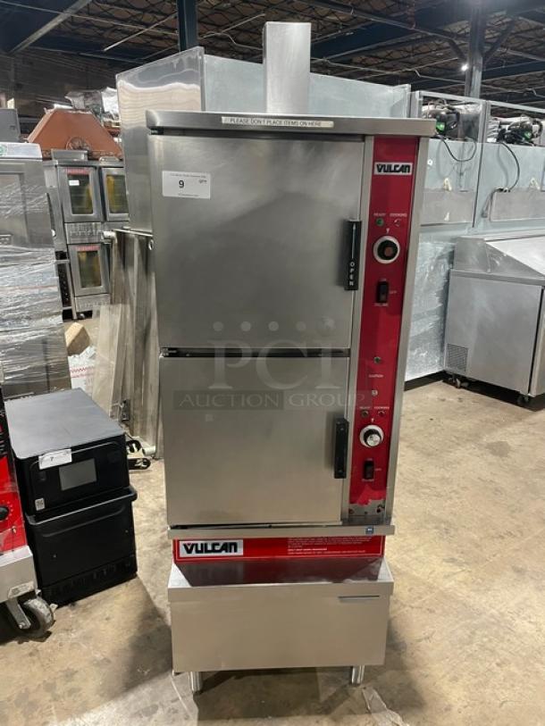 Vulcan-Hart Commercial Stainless Steel Natural Gas Powered Dual Compartment Convection Steamer! With Individual Controls! With Built In Pan Holding Racks! Model: VSX10GC SN: AP-1043767-9Z-4731! 120V 1 Phase! On Legs! - Image 1 of 11