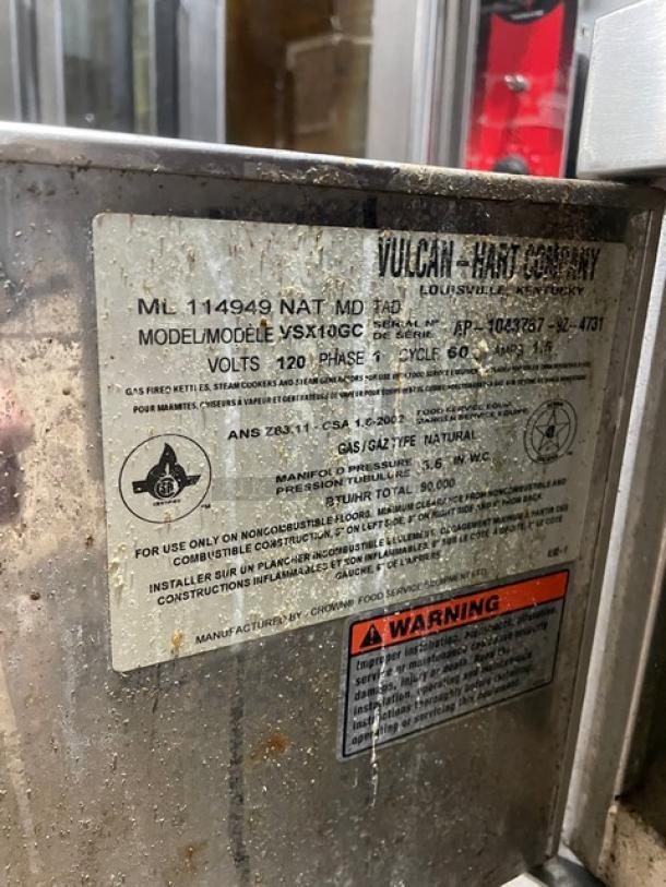 Vulcan-Hart Commercial Stainless Steel Natural Gas Powered Dual Compartment Convection Steamer! With Individual Controls! With Built In Pan Holding Racks! Model: VSX10GC SN: AP-1043767-9Z-4731! 120V 1 Phase! On Legs! - Image 9 of 11