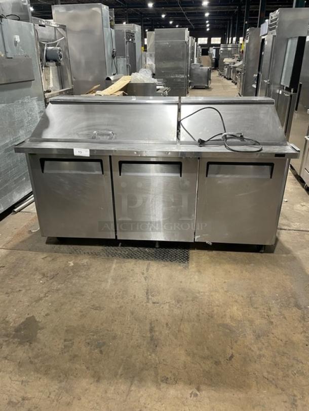 Turbo-Air Commercial Stainless Steel 3 Door Refrigerated Bain Marie Style Mega Top Salad/Sandwich Prep Table! With Poly Coated Wire Rack! Model: MST-72-30-N! 115V 1 Phase! On Casters! - Image 1 of 10