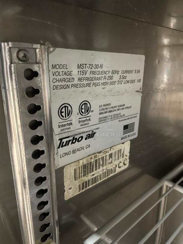 Turbo-Air Commercial Stainless Steel 3 Door Refrigerated Bain Marie Style Mega Top Salad/Sandwich Prep Table! With Poly Coated Wire Rack! Model: MST-72-30-N! 115V 1 Phase! On Casters! - Image 8 of 10
