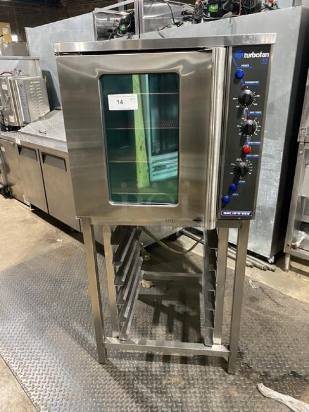 Moffat TurboFan-32 Series Commercial Stainless Steel Electric Powered Single Stacked Convection Oven! With Roast-N-Hold & Water Steam Injection! With Thermostatic Controls! Model: E32MS SN: 19196! 208V! With Pan-Holding Equipment Stand! On Legs! - Image 1 of 9