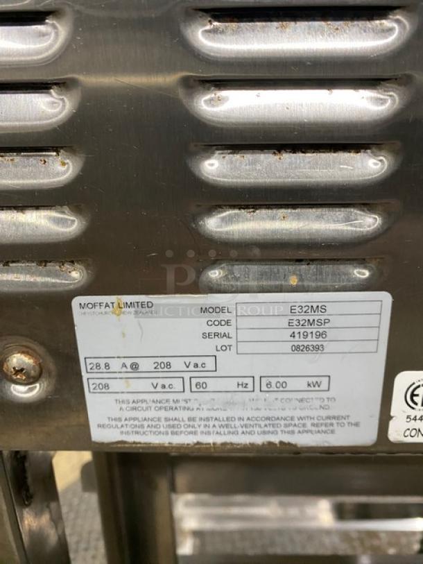 Moffat TurboFan-32 Series Commercial Stainless Steel Electric Powered Single Stacked Convection Oven! With Roast-N-Hold & Water Steam Injection! With Thermostatic Controls! Model: E32MS SN: 19196! 208V! With Pan-Holding Equipment Stand! On Legs! - Image 5 of 9
