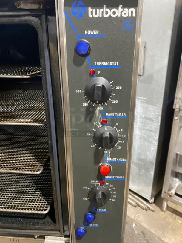 Moffat TurboFan-32 Series Commercial Stainless Steel Electric Powered Single Stacked Convection Oven! With Roast-N-Hold & Water Steam Injection! With Thermostatic Controls! Model: E32MS SN: 19196! 208V! With Pan-Holding Equipment Stand! On Legs! - Image 7 of 9