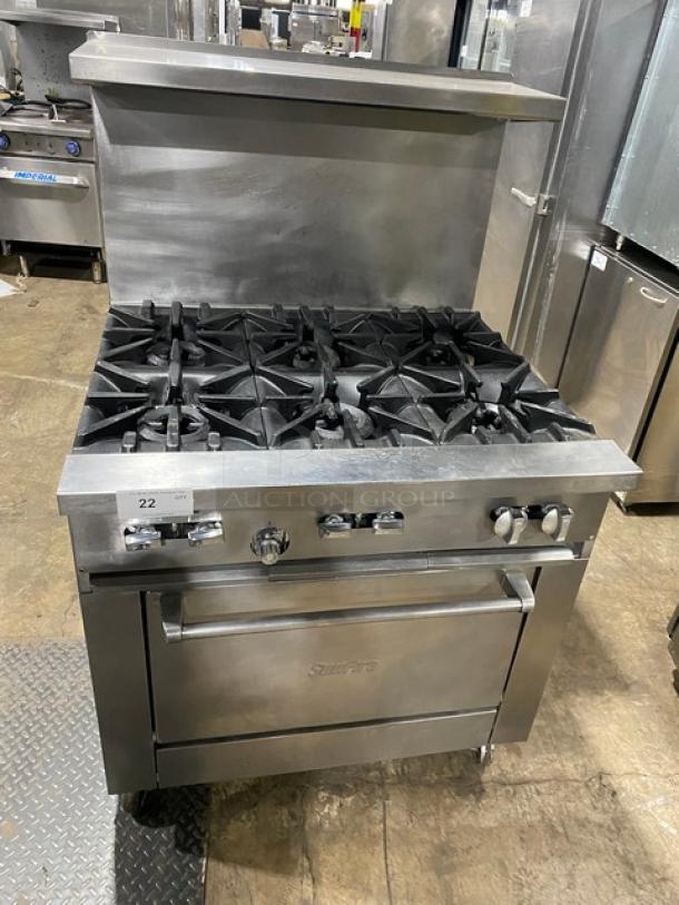 SunFire Commercial Stainless Steel Natural Gas Powered 6 Burner Range/Oven Combo! With Back Splash & Overhead Salamander Shelf! With Wire Oven Racks! On Casters! - Image 1 of 8