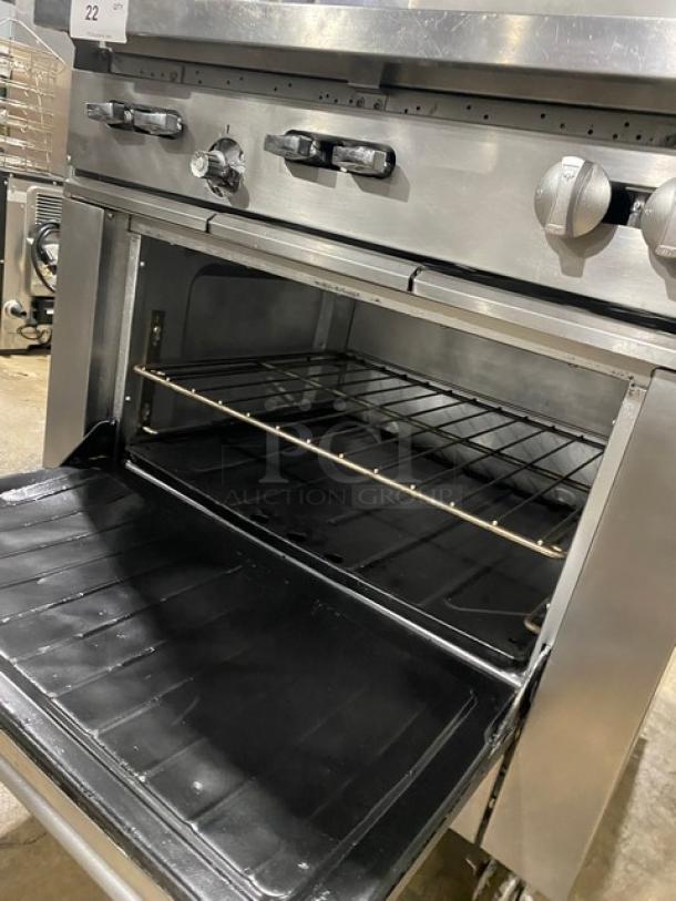 SunFire Commercial Stainless Steel Natural Gas Powered 6 Burner Range/Oven Combo! With Back Splash & Overhead Salamander Shelf! With Wire Oven Racks! On Casters! - Image 7 of 8