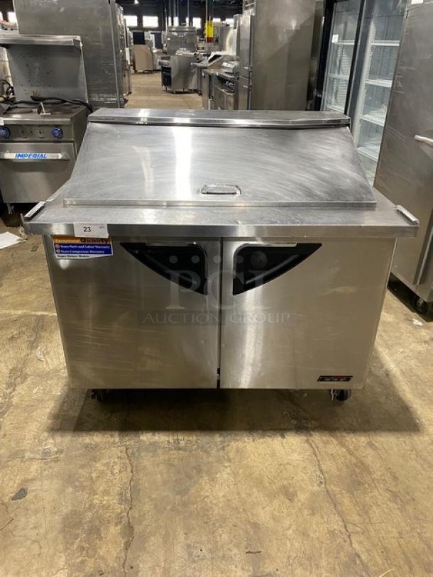 Turbo Air Commercial Stainless Steel 2 Door Refrigerated Bain Marie Mega Top Salad/Sandwich Prep Table! With Chrome Plated Wire Racks! Model: TST-48SD-18 SN: KM4189Z006! 115V! On Casters! - Image 1 of 9