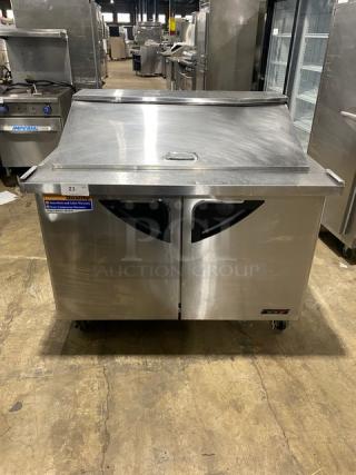 Turbo Air Commercial Stainless Steel 2 Door Refrigerated Bain Marie Mega Top Salad/Sandwich Prep Table! With Chrome Plated Wire Racks! Model: TST-48SD-18 SN: KM4189Z006! 115V! On Casters!